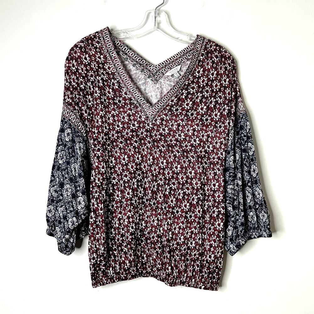 Lucky Brand Texture Banded Bottom Peasant Top Berry Blue Womens XS Boho